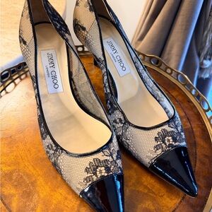 Jimmy Choo Black Lace and Nude Pointed-Toe Pumps